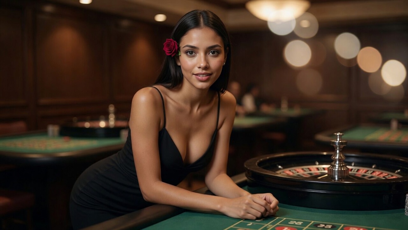 Live roulette dealer in a refined casino studio
